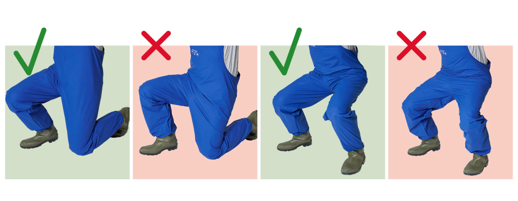 4 billeder af hvordan man skal og ikke skal bukke sig i overalls 